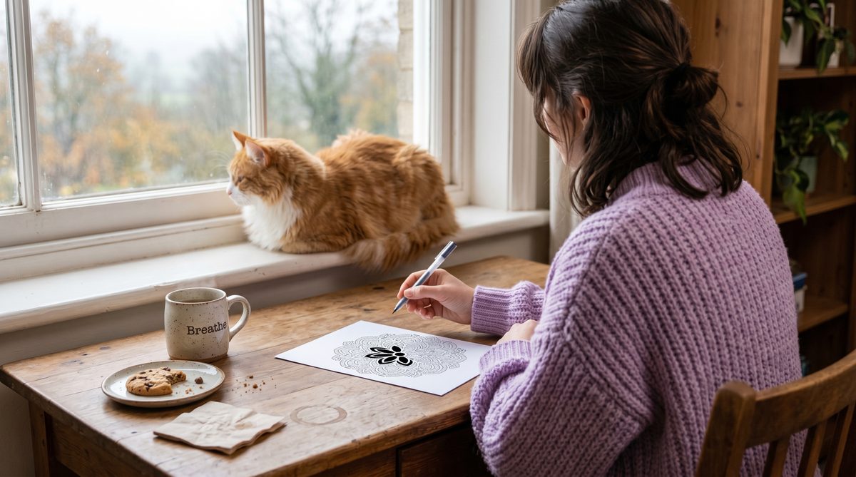 Woman coloring at a sunny window with a ginger cat and a coffee mug that reads Breathe