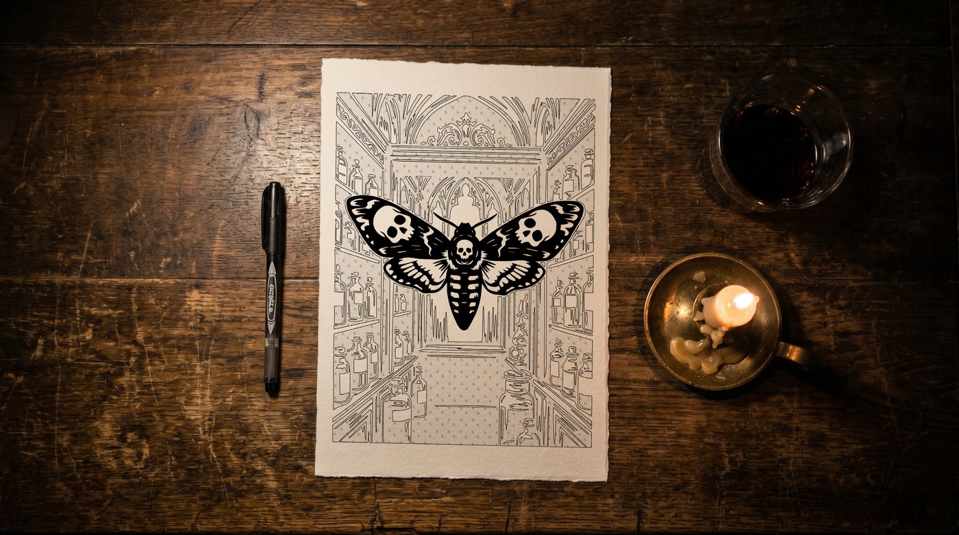 Flatlay of dark academia coloring ritual setup — death moth gothic page, black marker, red wine and brass candle holder