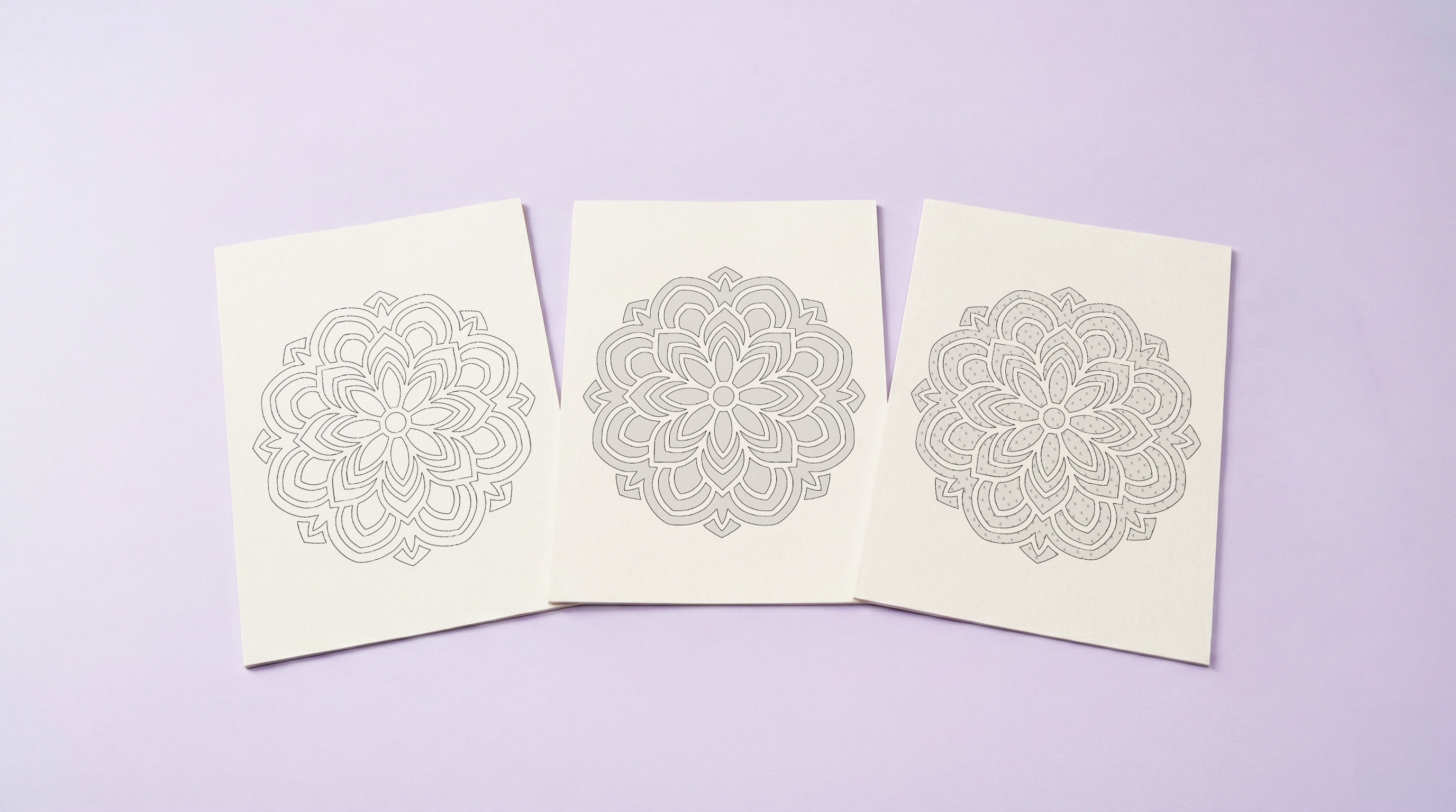 Flatlay of the three coloring styles — outline, shadow guide, and pattern guide