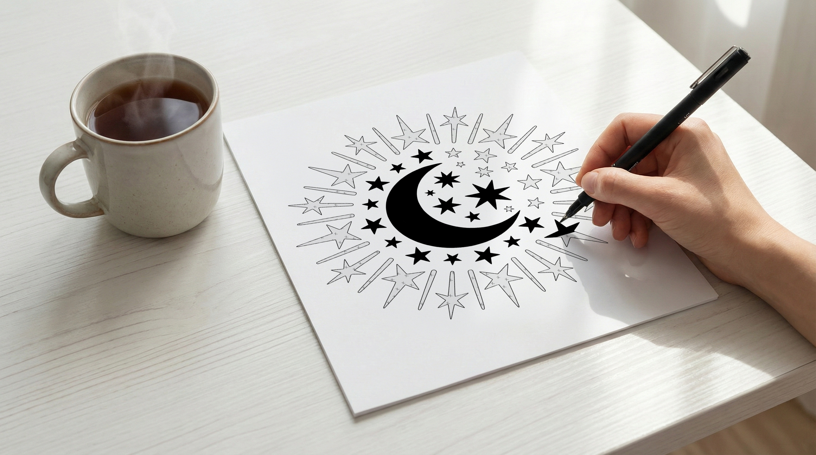Hand coloring a moon and stars mandala with a single black marker and a cup of tea nearby